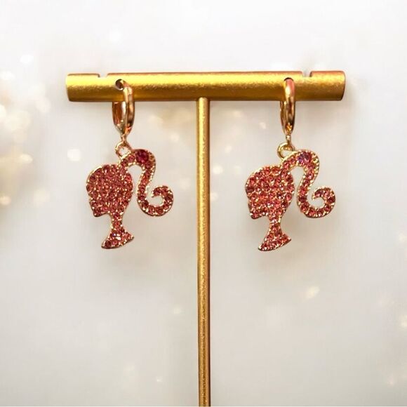 Barbie Hot Pink Rhinestone Gold Tone Dangle Earrings NWT - Picture 2 of 3